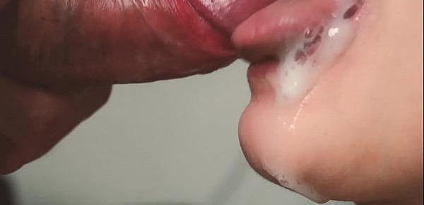  Slow motion. Close up blowjob from teen. Oral creampie